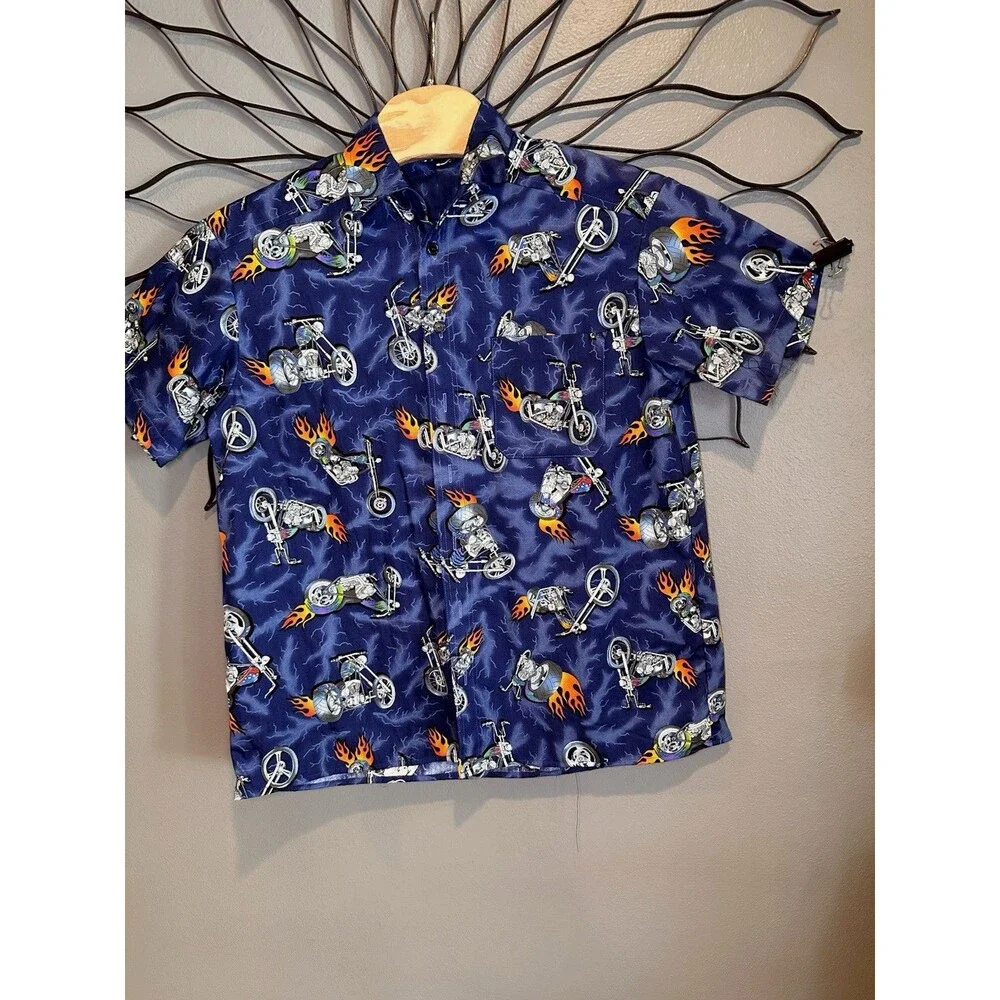 Biker‎ Motorcycle in fire print all over Pattern HiP Hop  Bbq  Motto fire Mens - Picture 9 of 9